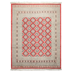 8x11 Coral, Ivory, Charcoal Color Hand Knotted Bokhara Wool Traditional Oriental Rug