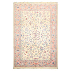 6x9 Ivory, Blush, Aqua Color Hand Knotted Indo Kashan Wool Traditional Oriental Rug