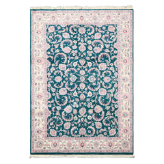 6x9 Emerald, Ivory, Pink Color Hand Knotted Indo Kashan Wool Traditional Oriental Rug