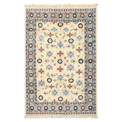 5x8 Ivory, Blue, Black Color Hand Knotted Indo Kashan Wool Traditional Oriental Rug