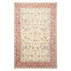 6x9 Ivory, Rose, Blue Color Hand Knotted Indo Kashan Wool Traditional Oriental Rug