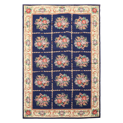 4x6 Navy, Ivory, Green Color Hand Knotted French Aubusson Needlepoint Wool Traditional Oriental Rug