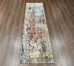 Blue, Beige 2'5''x9'8'' Tibetan Sherpa Hand Knotted Wool Oriental Area Rug