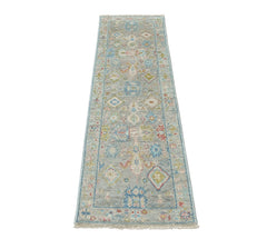 Lime, Aqua 2'6''x9 Oushak Arts and Crafts Hand Knotted Wool Oriental Area Rug
