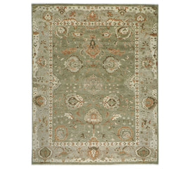 12x15 Green, Peach, Beige Color Hand Knotted Oushak Wool Transitional Oriental Rug