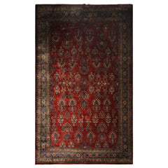Runner Rusty Red, Navy, Mint Color Hand Knotted Sarouk New Zealand Wool Traditional Oriental Rug