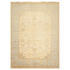 9x12 Ivory, Beige, Aqua Color Hand Knotted Oushak Wool Transitional Oriental Rug