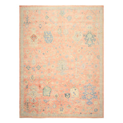 9x12 Blush, Blue, Mint Color Hand Knotted Oushak Wool Transitional Oriental Rug