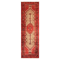 Runner Beige, Red, Rose Color Hand Knotted Heriz Wool Traditional Oriental Rug