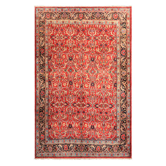 7x10 Red, Midnight Blue, Orange Color Hand Knotted Kashmar Wool Traditional Oriental Rug