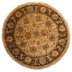 8' Round Gold, Black, Aqua Color Hand Knotted Agra Wool Traditional Oriental Rug