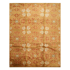 8x10 Gold, Orange, Aqua Color Hand Knotted Tibetan Wool Transitional Oriental Rug