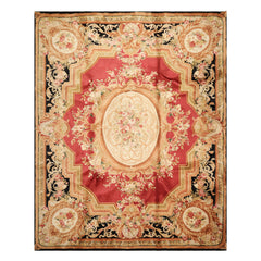 8x10 Rose, Black, Gold Color Hand Knotted French Aubusson Savonnerie Wool Traditional Oriental Rug