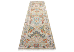 Runner Gray, Blush, Aqua Color Hand Knotted Oushak Wool Traditional Oriental Rug