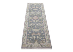 Runner Slate, Gray, Sage Color Hand Knotted Oushak Wool Transitional Oriental Rug