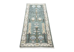 Runner Celadon, Ivory, Gray Color Hand Knotted Oushak Wool Transitional Oriental Rug