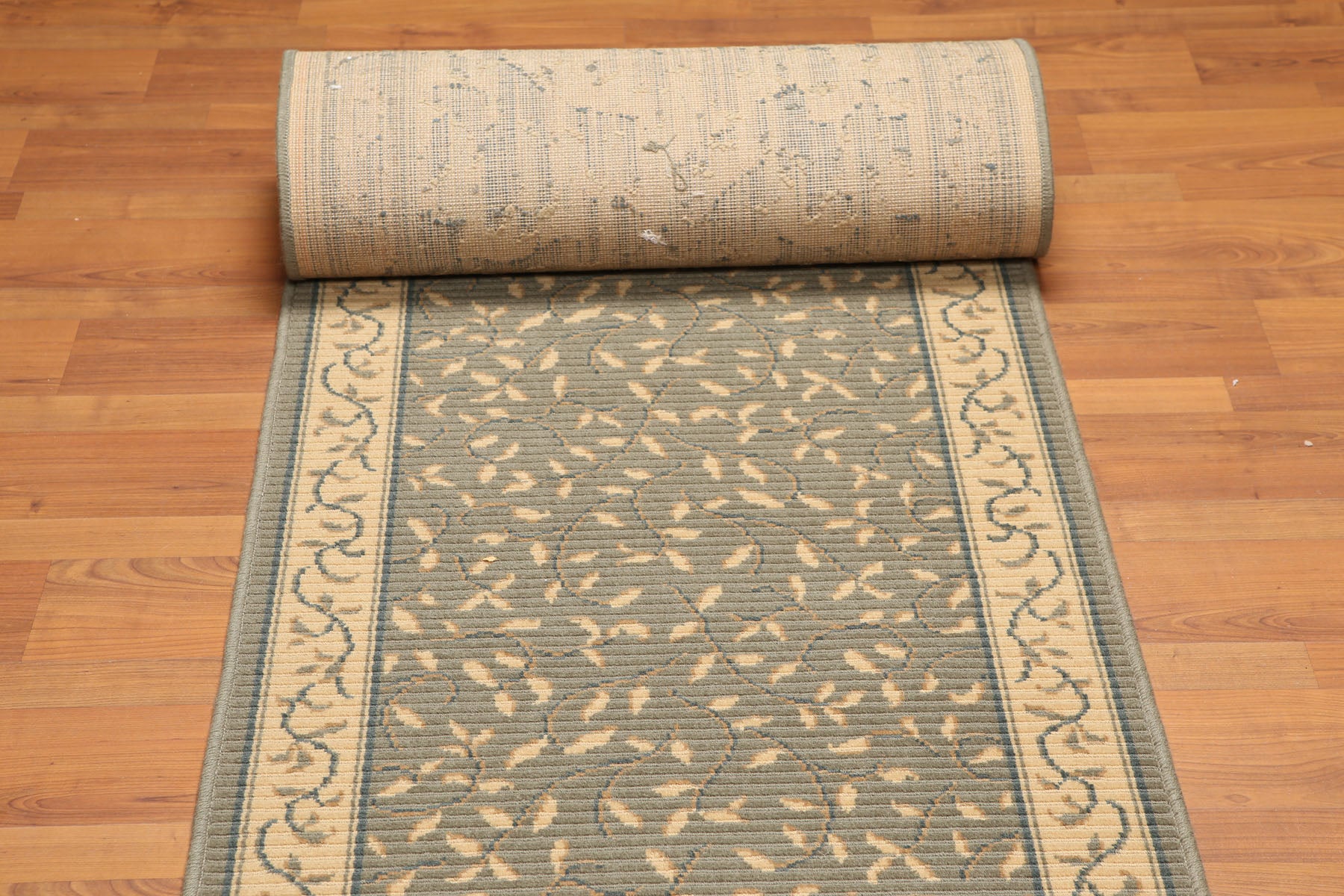 Runner Olive, Light Gold, Green Color Machine Made All-Over 100% Wool Traditional Oriental Rug