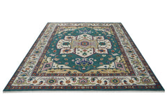 9x12 Teal, Ivory, Green Color Hand Knotted Oushak Wool Oriental Rug