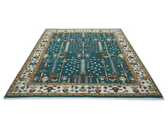 9x12 Turquoise, Ivory, Burnt Orange Color Hand Knotted Oushak Wool Transitional Oriental Rug