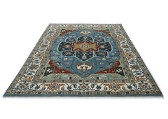 9x12 Blue, Ivory, Mint Color Hand Knotted Oushak Wool Oriental Rug