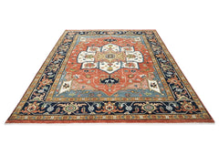 9x12 Burnt Orange, Ivory, Navy Color Hand Knotted Oushak Wool Oriental Rug
