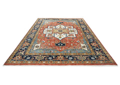 9x12 Burnt Orange, Ivory, Navy Color Hand Knotted Oushak Wool Oriental Rug