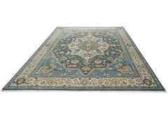 10x14 Blue, Beige, Gold Color Hand Knotted Oushak Wool Oriental Rug