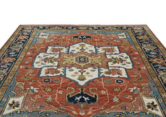 9x12 Burnt Orange, Ivory, Navy Color Hand Knotted Oushak Wool Oriental Rug