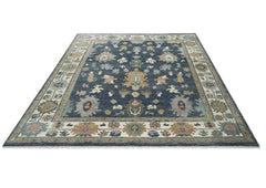 9x12 Blue, Ivory, Moss Color Hand Knotted Oushak Wool Arts and Crafts Oriental Rug
