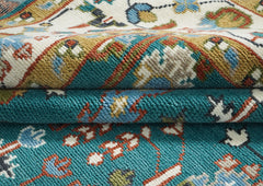 10x14 Teal, Ivory, Gold Color Hand Knotted Oushak Wool Transitional Oriental Rug