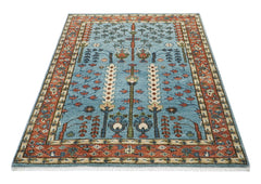 5x8 Blue, Burnt Orange, Ivory Color Hand Knotted Oushak Wool Transitional Oriental Rug
