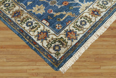 Runner Blue Ivory Tan Color Hand Knotted Oushak Wool Traditional Oriental Rug