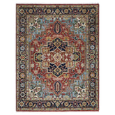 8x10 Rust, Navy, Aqua Color Hand Knotted Heriz Wool Traditional Oriental Rug