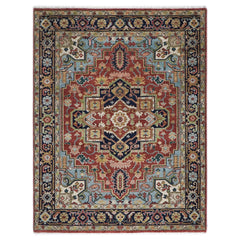 8x10 Rust, Navy, Aqua Color Hand Knotted Heriz Wool Traditional Oriental Rug