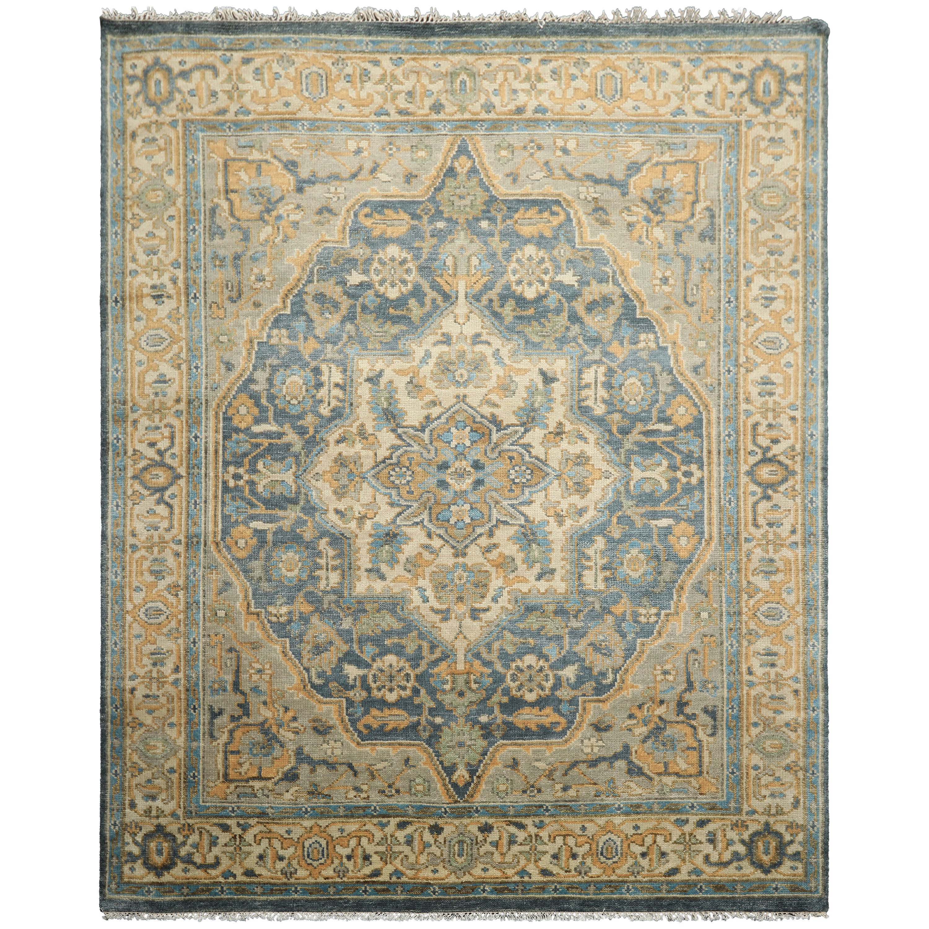 8x10 Blue, Beige, Gold Color Hand Knotted Oushak Wool Traditional Oriental Rug