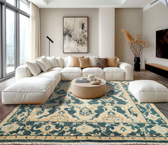 Teal, Ivory 7'10'' x 10'4'' Oushak Traditional Hand Knotted Wool Oriental Area Rug