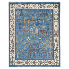 8x10 Blue, Ivory, Gold Color Hand Knotted Oushak Wool Transitional Oriental Rug