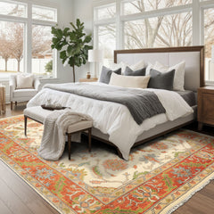 Ivory, Burnt Orange 7'10'' x 9'11'' Oushak Traditional Hand Knotted Wool Oriental Area Rug