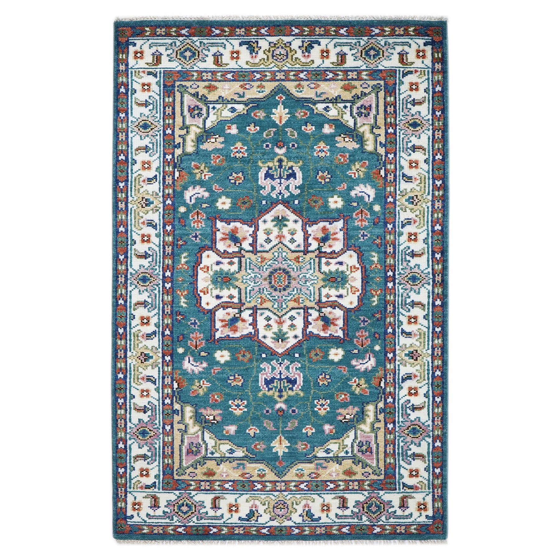 5x8 Turquoise, Ivory, Burnt Orange Go Color Hand Knotted Oushak Wool Traditional Oriental Rug