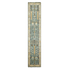 Runner Celadon, Ivory, Brown Color Hand Knotted Oushak Wool Traditional Oriental Rug