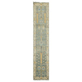 Runner Celadon, Ivory, Caramel Color Hand Knotted Oushak Wool Traditional Oriental Rug