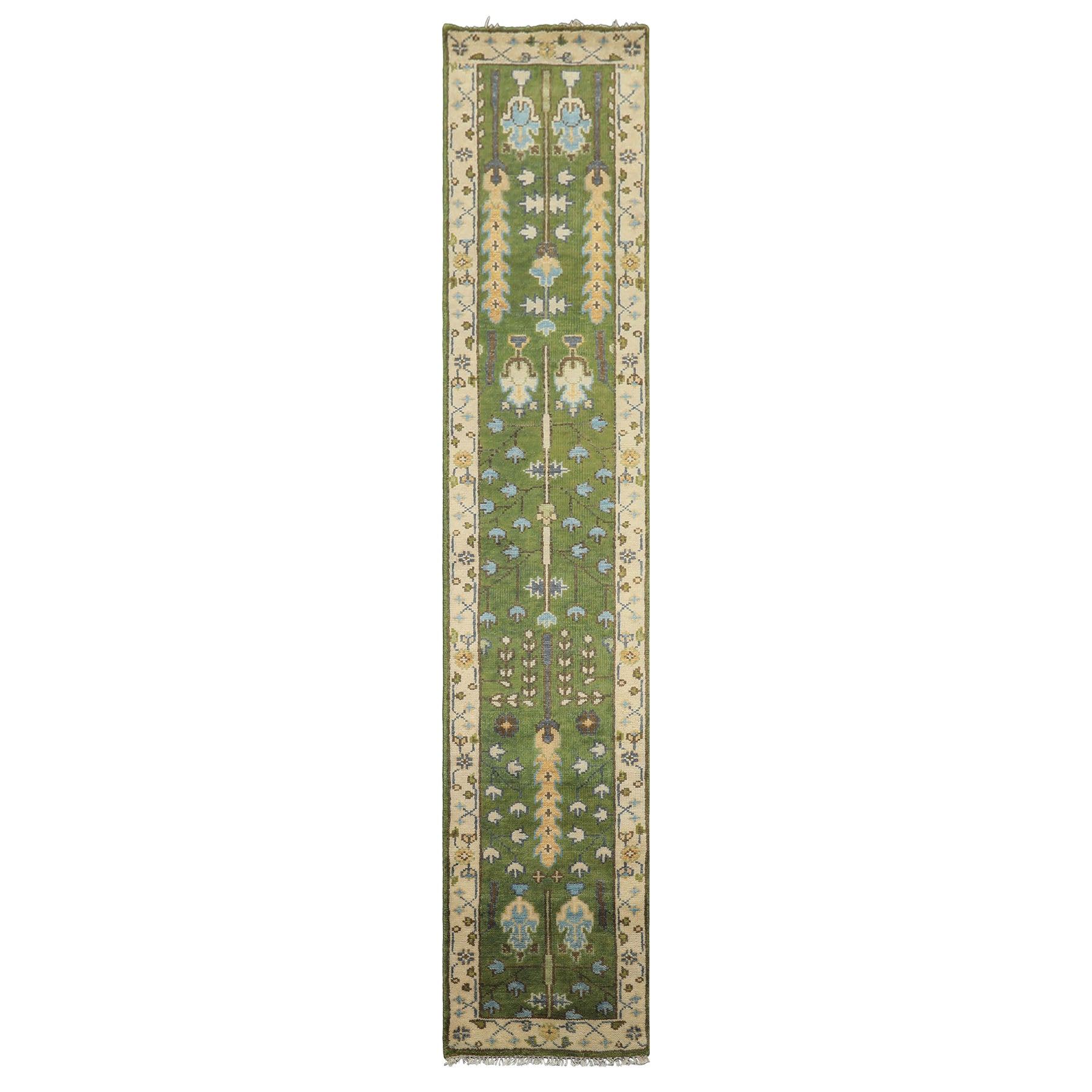 Runner Green, Ivory, Brown Color Hand Knotted Oushak Wool Traditional Oriental Rug