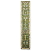 Runner Green, Ivory, Brown Color Hand Knotted Oushak Wool Traditional Oriental Rug