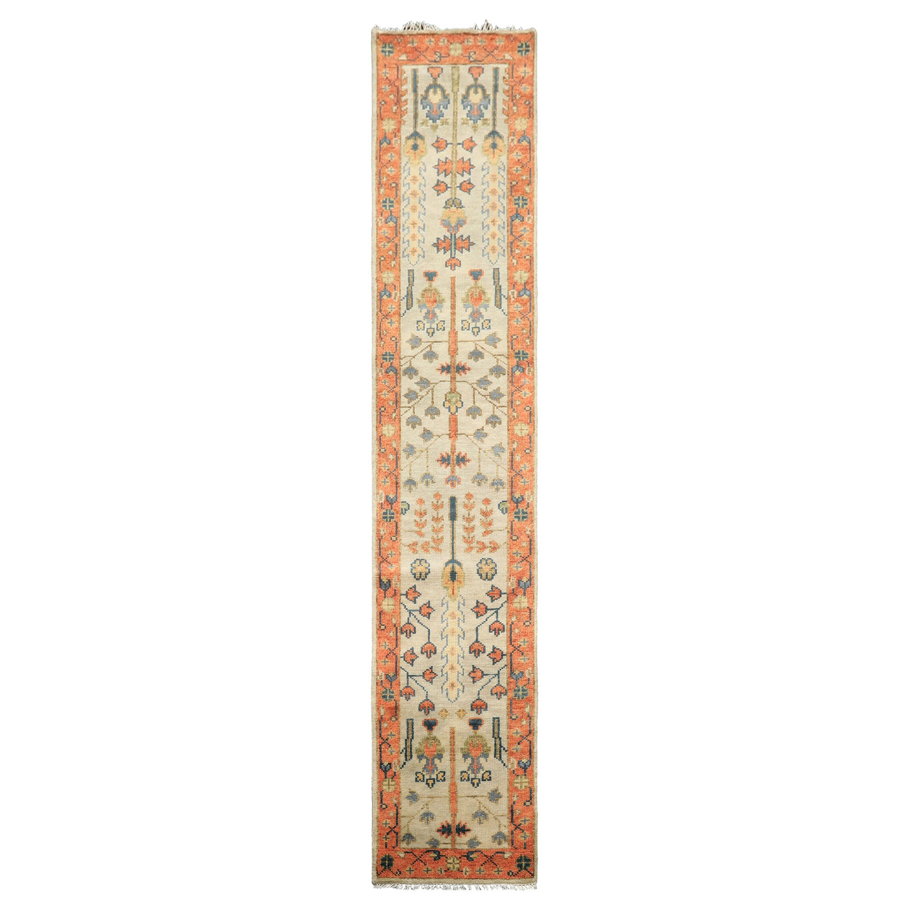 Runner Beige, Burnt Orange, Lime Color Hand Knotted Oushak Wool Traditional Oriental Rug