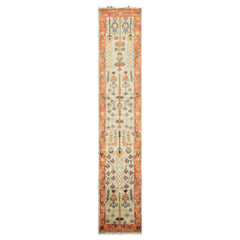 Runner Beige, Burnt Orange, Lime Color Hand Knotted Oushak Wool Traditional Oriental Rug