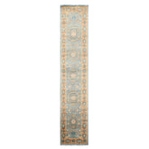 Runner Aqua, Burnt Orange, Lime Color Hand Knotted Oushak Wool Traditional Oriental Rug