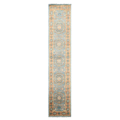 Runner Aqua, Burnt Orange, Lime Color Hand Knotted Oushak Wool Traditional Oriental Rug