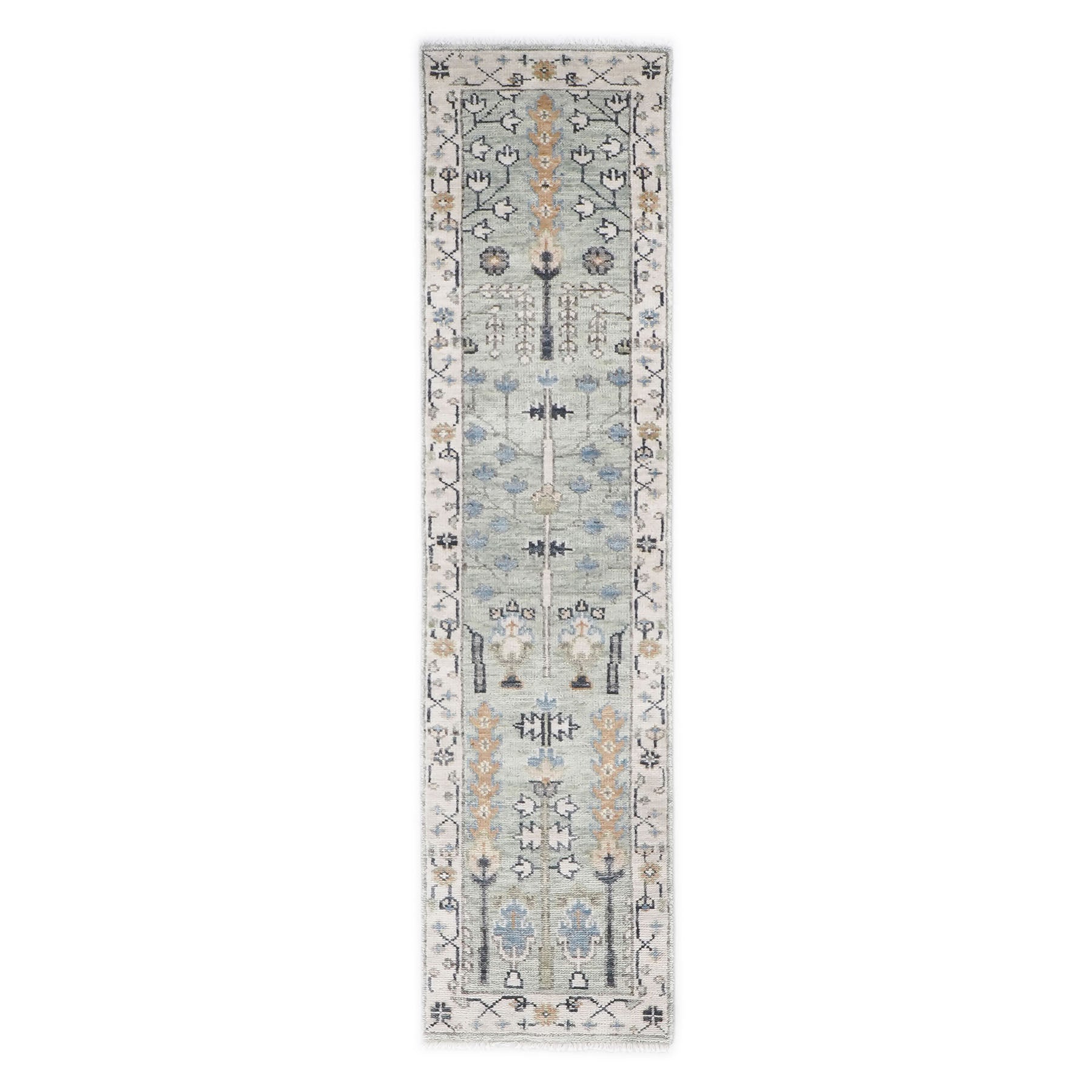 Runner Gray, Beige, Blue Color Hand Knotted Oushak Wool Transitional Oriental Rug
