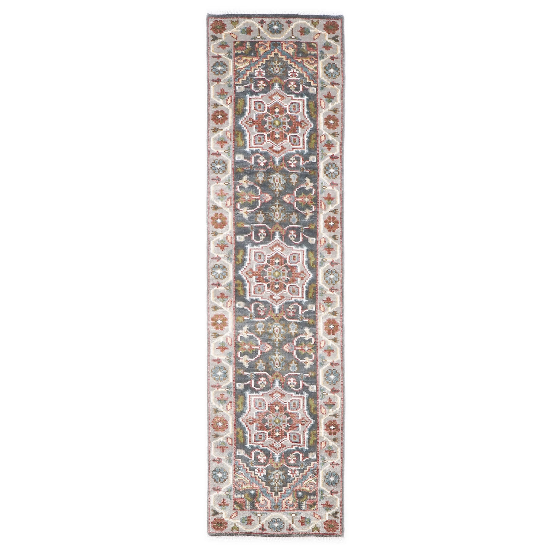 Runner Gray, Slate, Ivory Color Hand Knotted Oushak Wool Transitional Oriental Rug