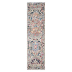 Runner Gray, Blush, Blue Color Hand Knotted Oushak Wool Arts & Crafts Oriental Rug